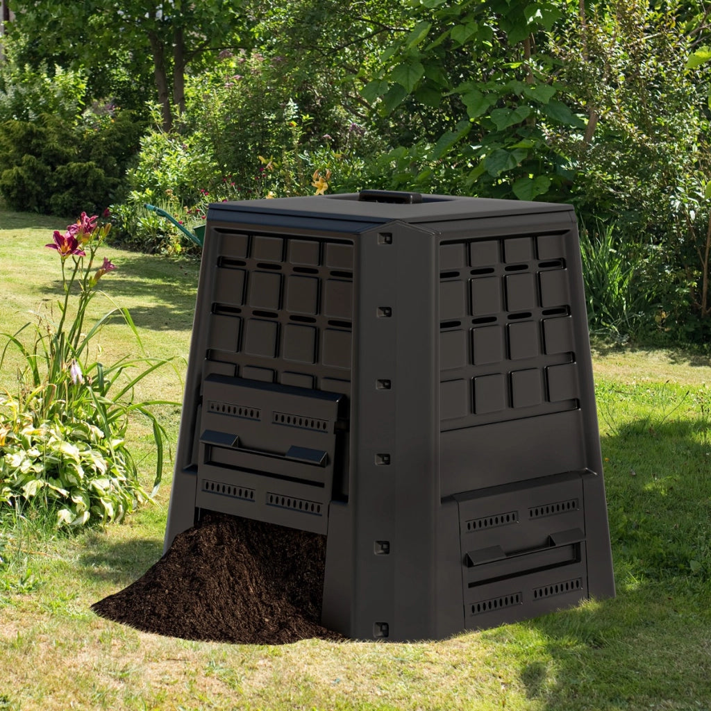 Compostiera da giardino per compost da esterno con coperchio, Compostiera da giardino da 380l Nero