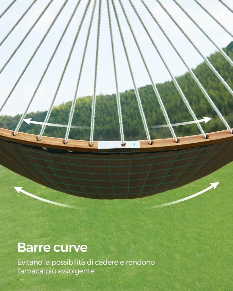 SONGMICS Amaca Doppia Imbottita, Amaca da Campeggio Giardino con Barre Curve in Bambù Separabili, con Cuscino, 200 x 140 cm, Max Portata 225 kg, Grigio e Beige GDC34CG