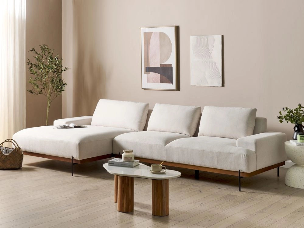 Divano in tessuto ad angolo retto Beige Tessuto Gambe in metallo 3 posti Stile minimalista