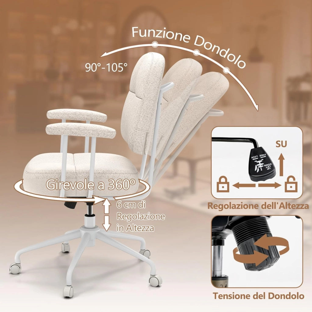 Sedia da Ufficio, con Schienale e Braccioli, Sedia Girevole Regolabile con Funzione a Dondolo e Ruote per Camera da Letto, Studio, Portata 150 kg (Bianco)