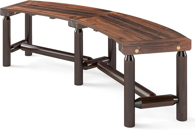 Panchina Curva da Patio, Panchina di Legno Massello per 2-3 Persone, Panca da Fuoco Senza Schienale per Esterni, Giardino e Bordo Piscina, Portata 360 kg (Marrone)
