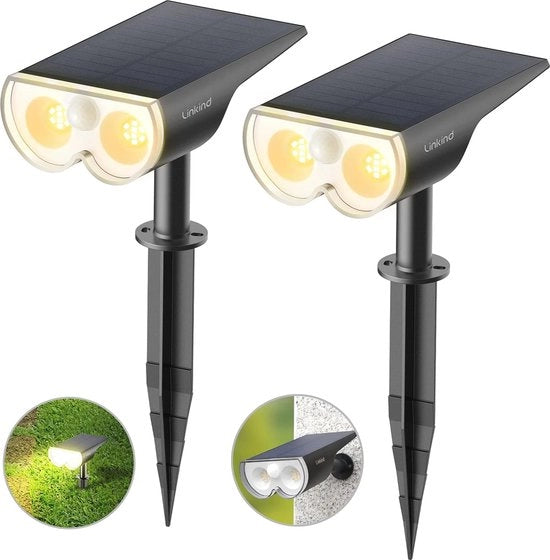 Lampade solari con sensore di movimento per uso all'aperto - 650 Lumen, IP67 Resistente all'acqua, Luce calda, Set da 2