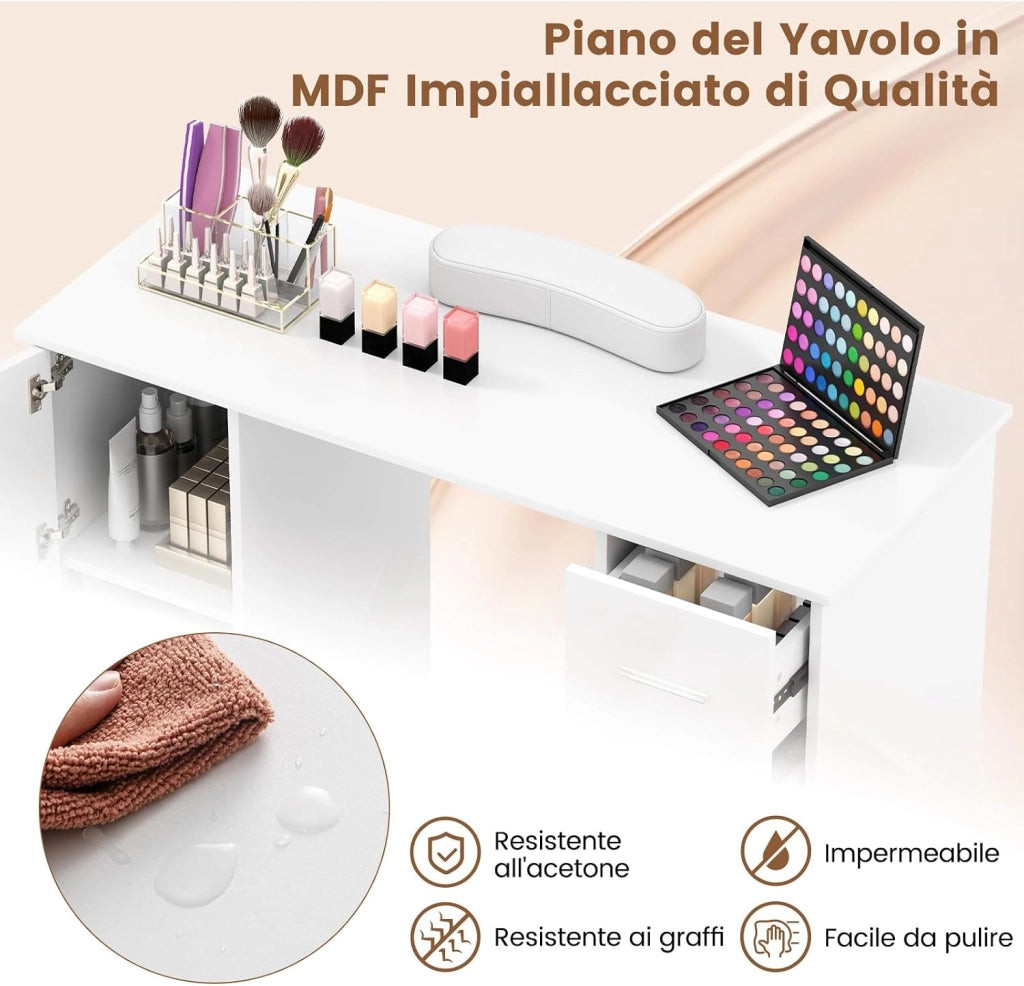 COSTWAY Tavolo per Manicure, Tavolo per Unghie con Cassetti, Cuscino Poggia Polsi e Gambe in Metallo, Stazione per Unghie Estetista Nail Art per Salone di Bellezza (Bianco)