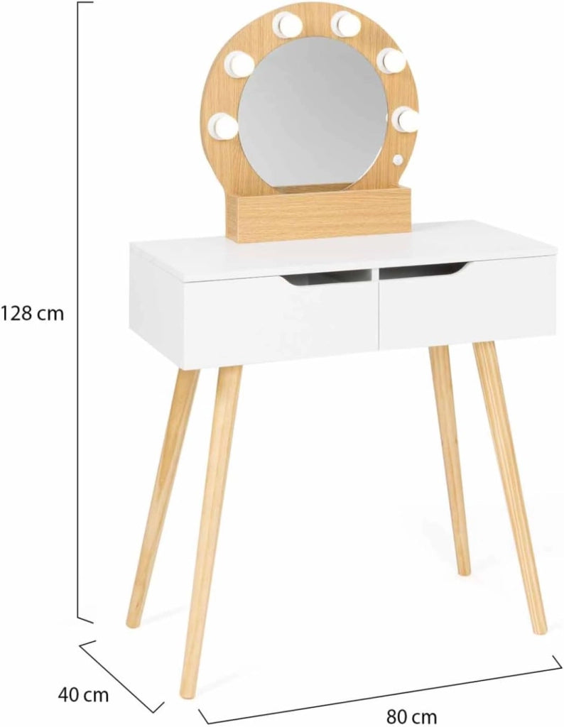 Toeletta con specchio e 2 cassetti scandinavo in legno e bianco con specchio HORIA