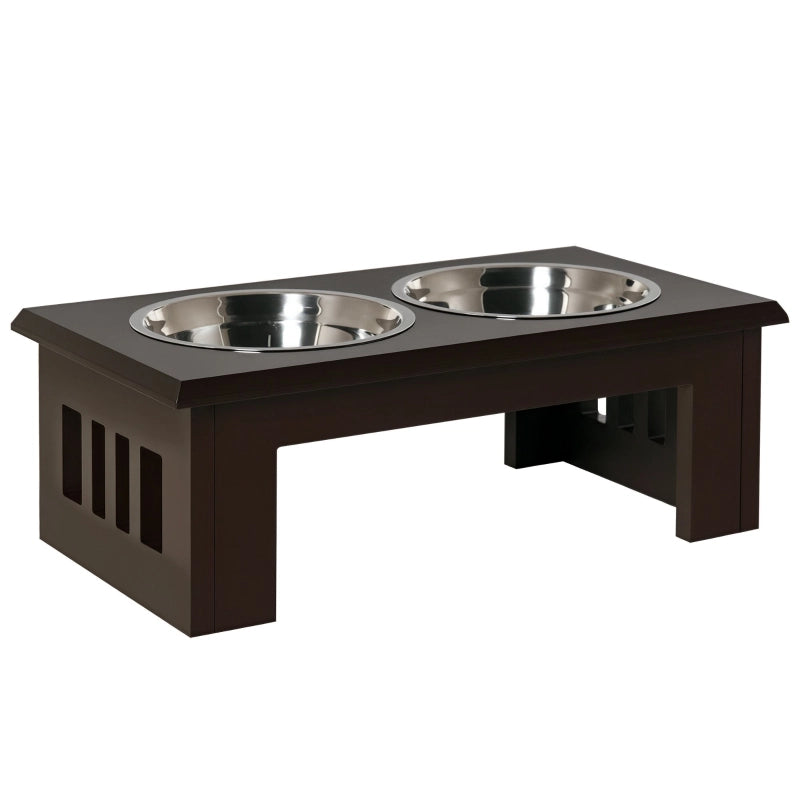 Stazione di alimentazione per cani rialzata con 2 ciotole in acciaio inox, MDF, colore Espresso, 58,4 x 30,5 x 25,4 cm