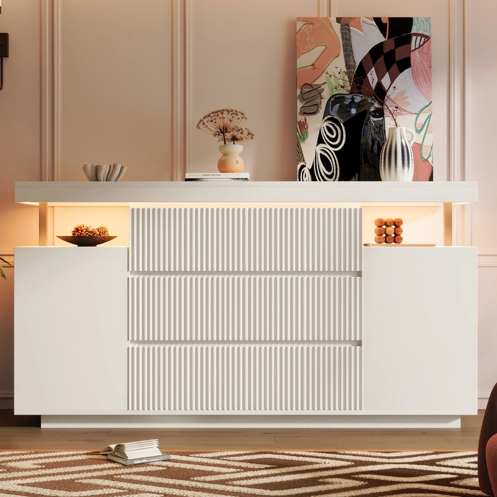 Credenza moderna con LED, 6 cassetti, 2 ante e vano aperto, per soggiorno, in MDF e metallo bianco, 150 × 40 × 78 cm