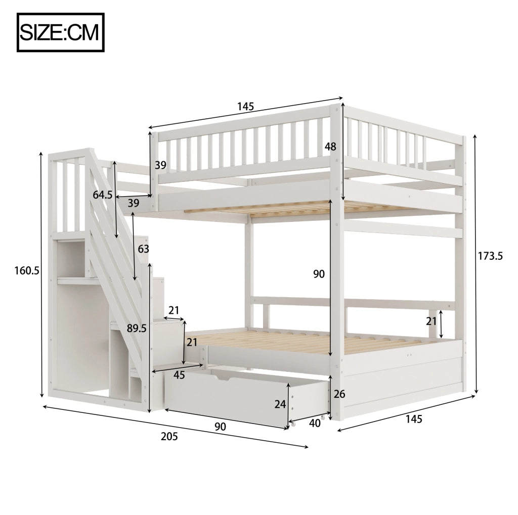Letto a castello in legno massello 140x200 cm con scala contenitore e cassetti; bianco