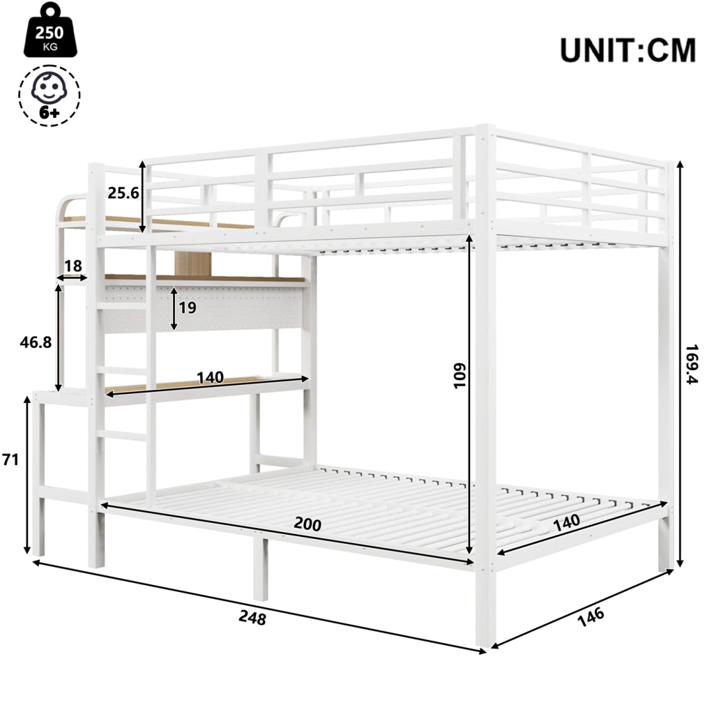 Letto a castello 140x200 cm con scrivania; LED; USB; scala e sponde; bianco