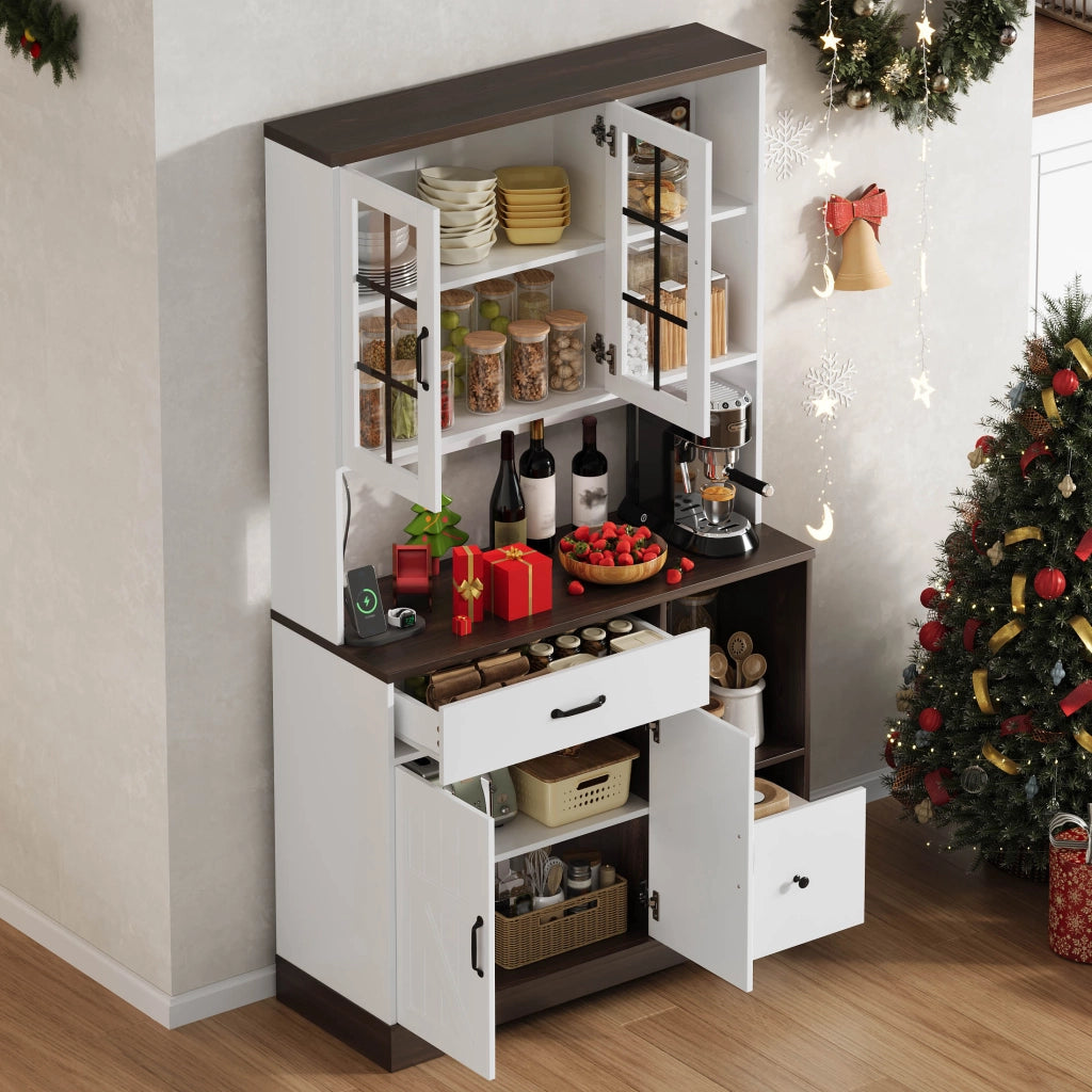 Credenza alta da cucina con LED, prese e ripiani regolabili, ante in vetro per cucina e soggiorno 105 × 40 × 185 cm