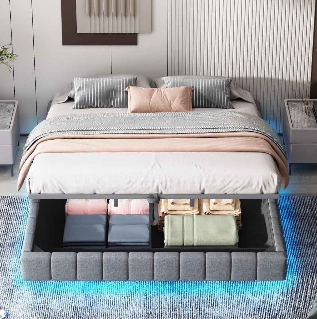 Letto imbottito sospeso 180x200 cm grigio con LED e vano contenitore