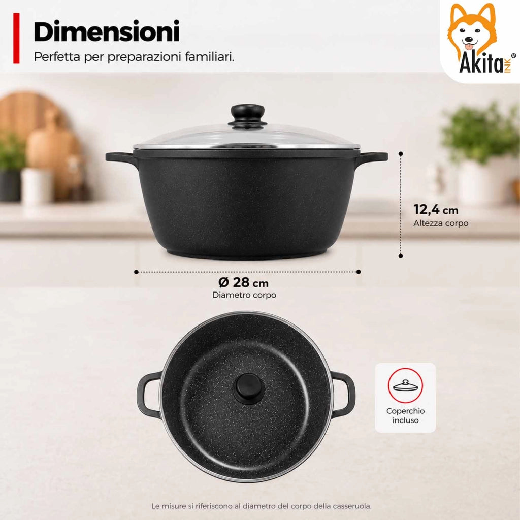 Akitaink Casseruola Alluminio Pressofuso Coperchio in Vetro 28 cm