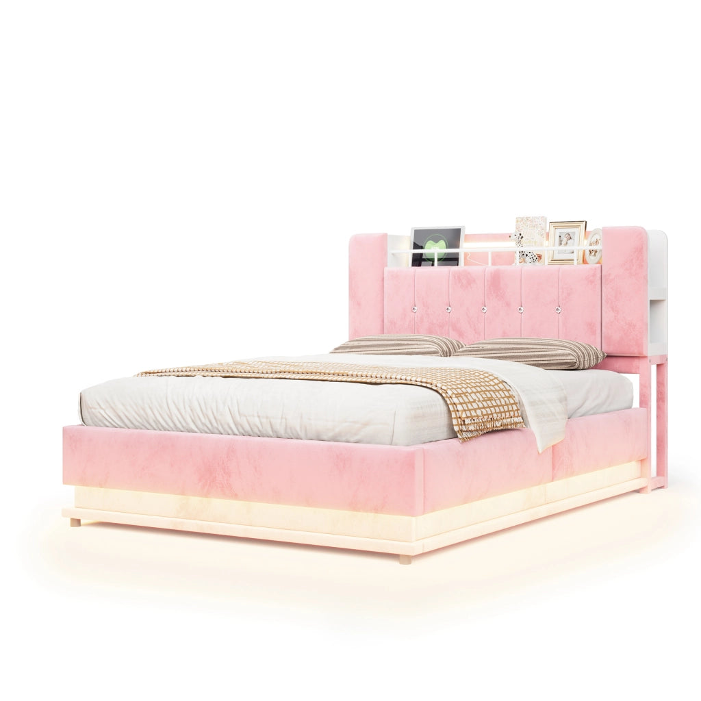Letto imbottito 140 x 200 cm con LED; USB e contenitore idraulico in velluto rosa