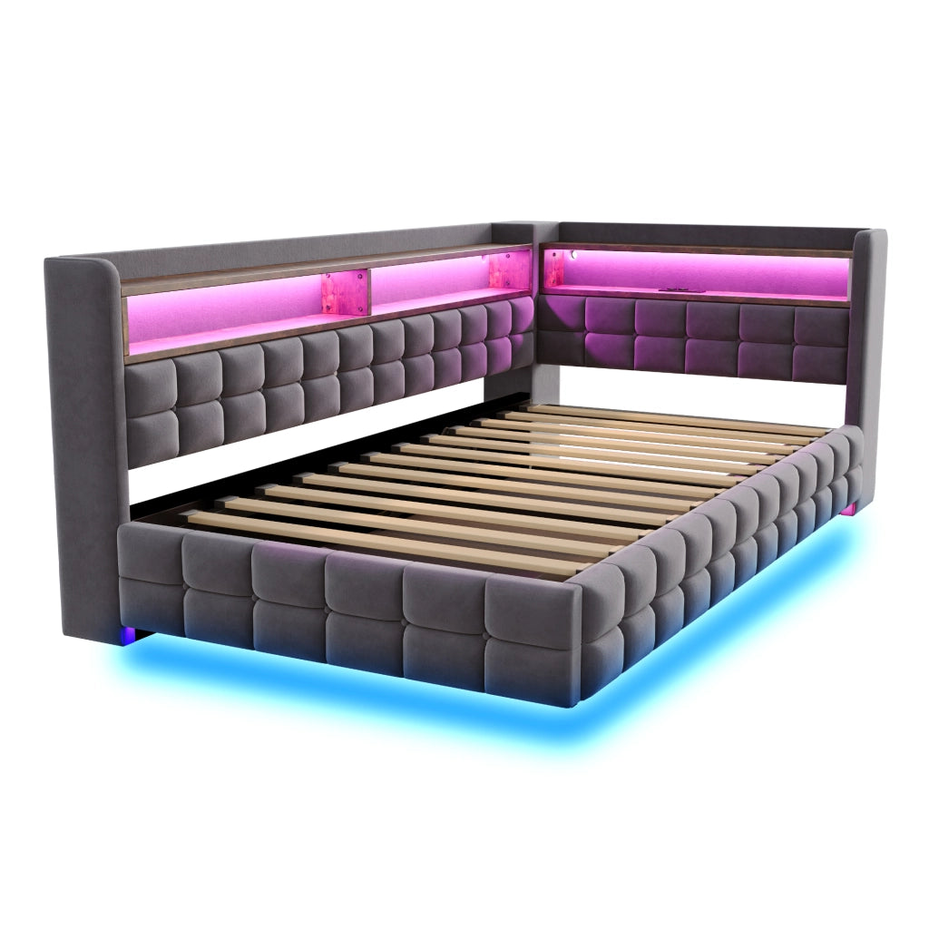 Letto imbottito singolo 90×200 cm con contenitore; LED; USB; tipo C; ripiani; senza materasso; grigio