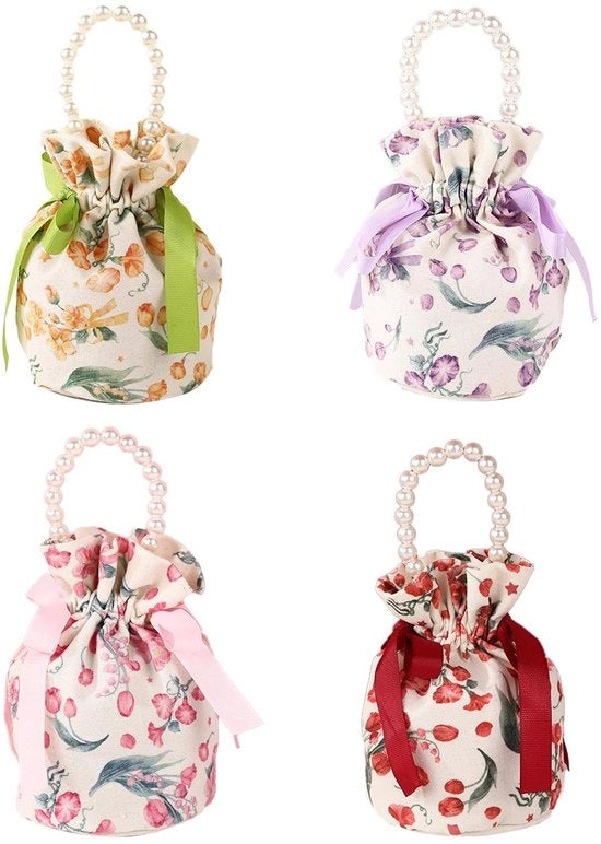 Borsa di nozze con collana di perle - Borsa di nozze - Borsa per dolci - Fiori tridimensionali - Design di alta qualità - Nodi rinforzati - Borsa a mano