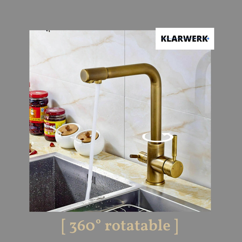 Felix |rubinetto a 3 vie in ottone dorato retrò per l'acqua potabile|osmosi vintage in acciaio inox la cucina|miscelatore - 360° filtro 3 connessioni