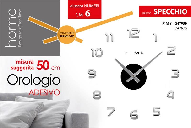 OROLOGIO ADESIVO DA PARETE EFFETTO SPECCHIO NUMERI DI 6CM DIAMETRO 50CM