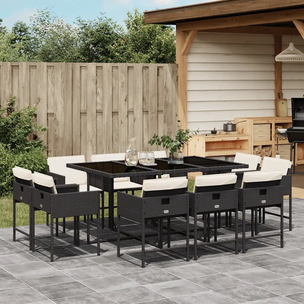 Set da Pranzo da Giardino 11 pz con Cuscini in Polyrattan Nero