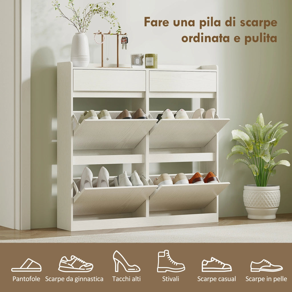 Scarpiera con 6 Cassetti ¨C Zephmum ¨C Legno, Bianco, 98x19.2x95.3 cm