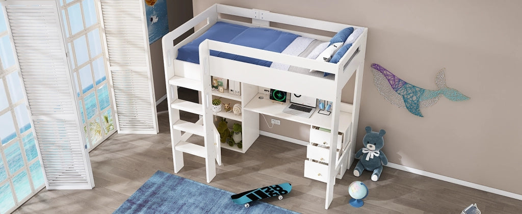 DESMIU Letto a soppalco letto singolo 1 posto con scrivania, armadio, scaffali, USB e USB-C 90 × 200 cm senza materasso