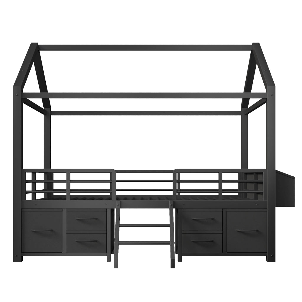 Letto a soppalco 90x200 cm in metallo e MDF; struttura a casetta con cassetti; nero