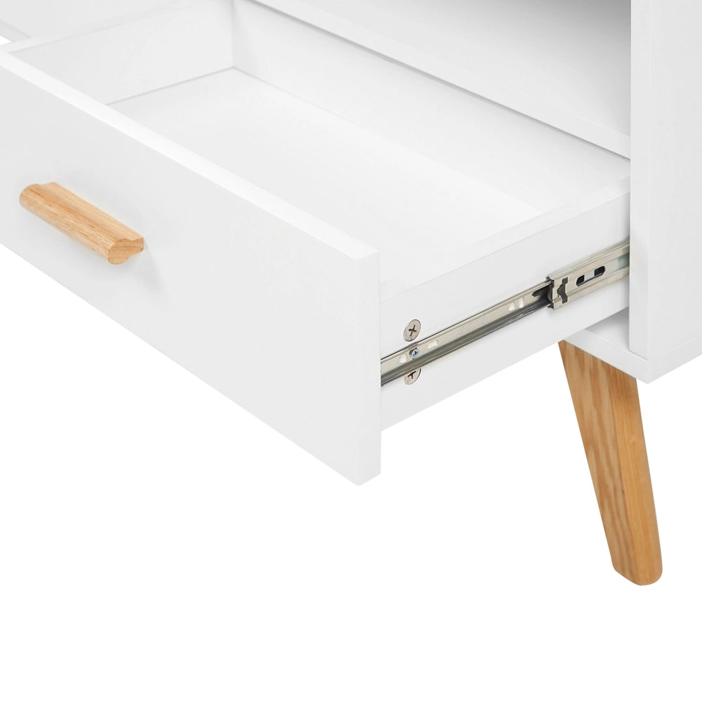 Mobile TV bianco con legno chiaro 55 x 180 x 40 cm con ripiani e cassetti