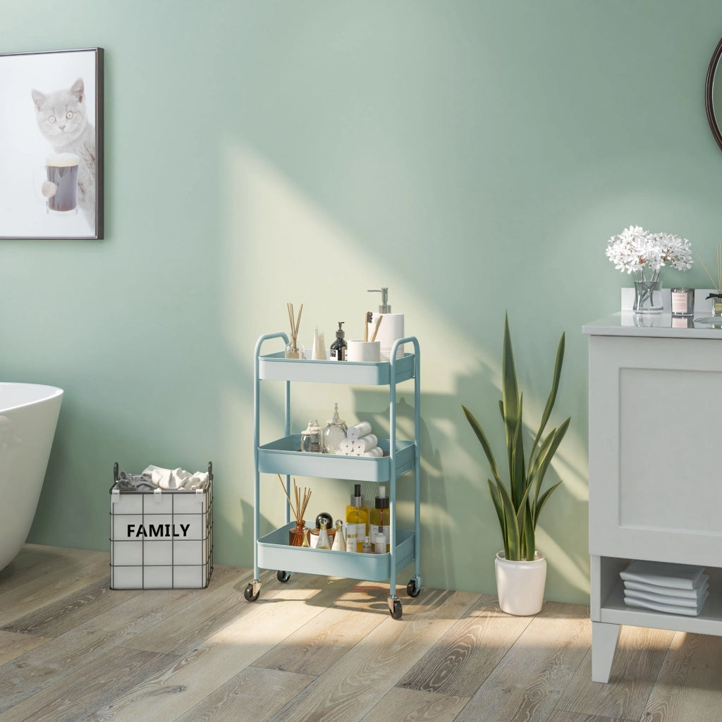 Carrello Servizio 3 Ripiani ¨C Zephmum ¨C Blu Acciaio 45x30.6x79 cm