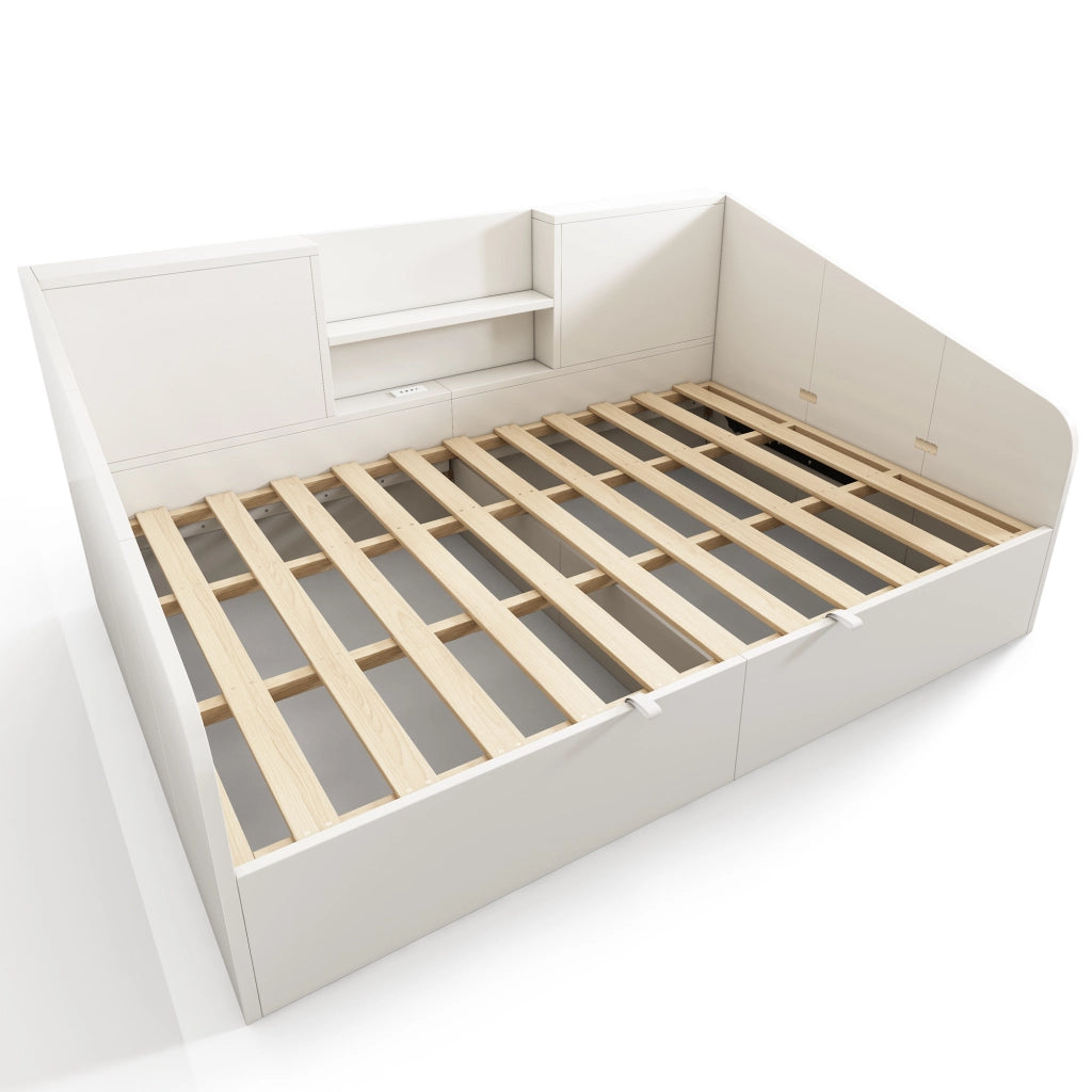 Letti contenitori 140x190 cm idraulico con vani portaoggetti e stazione di ricarica; legno; bianco (Senza materasso)