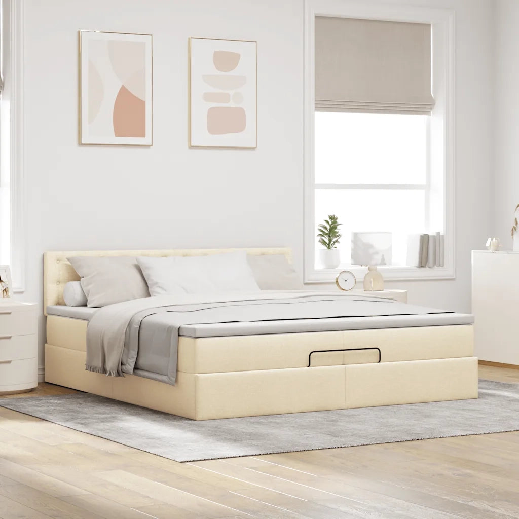 Struttura Letto Pouf con Materasso Crema 200x200cm in Tessuto 3311655