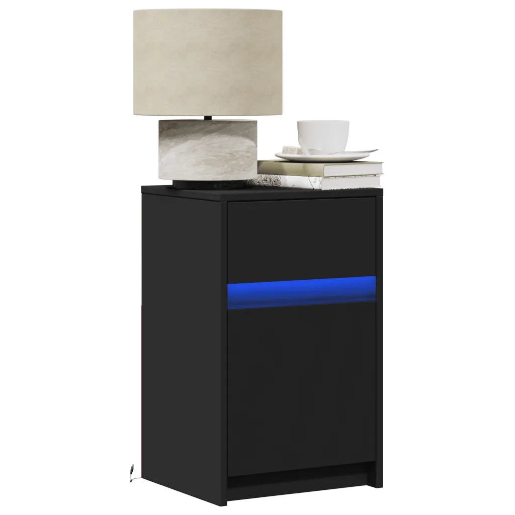 Comodino con Luci LED-Tavolino da notte Nero in Legno Multistrato 672441