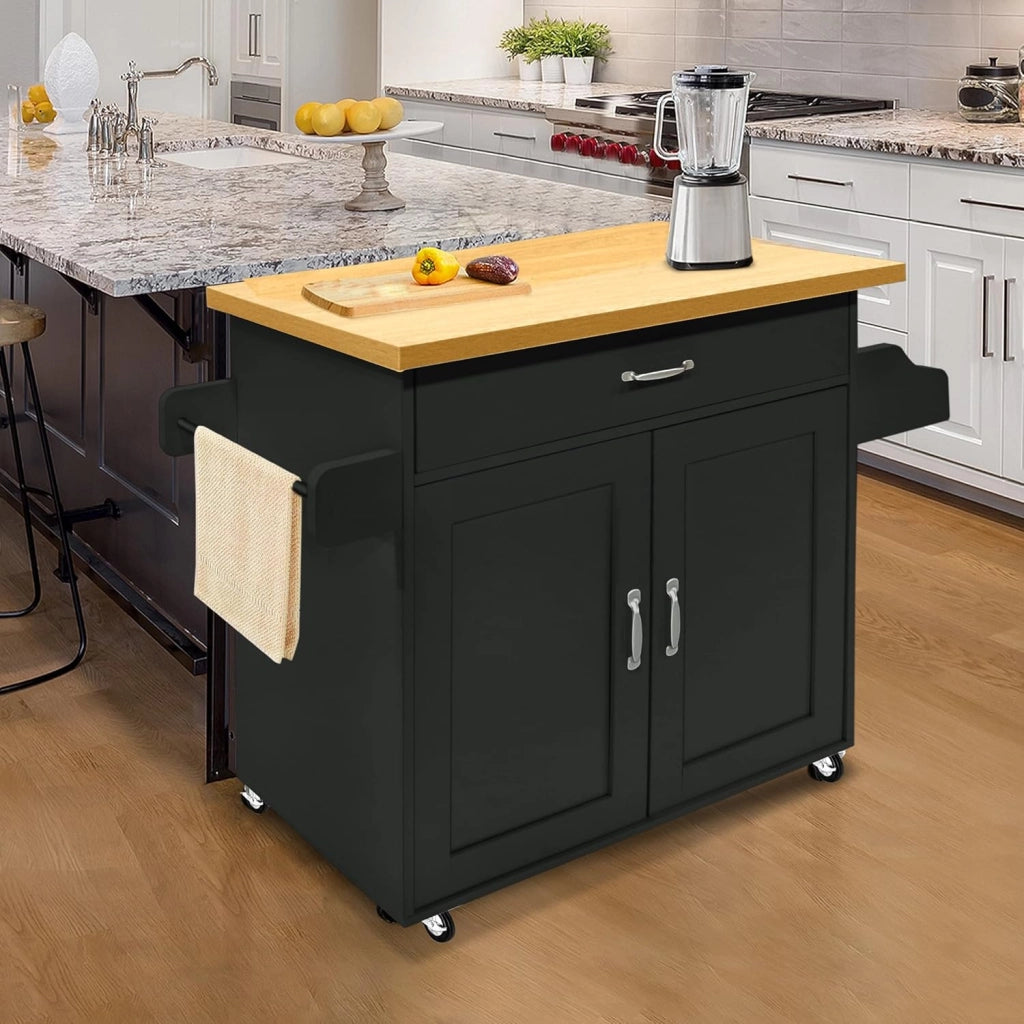 Carrello da cucina nero con ruote e piano di lavoro, carrello da cucina, isola in legno, con portasciugamani e portaspezie, mobile da cucina, carrello da cucina, 115 x 90 x 36 cm