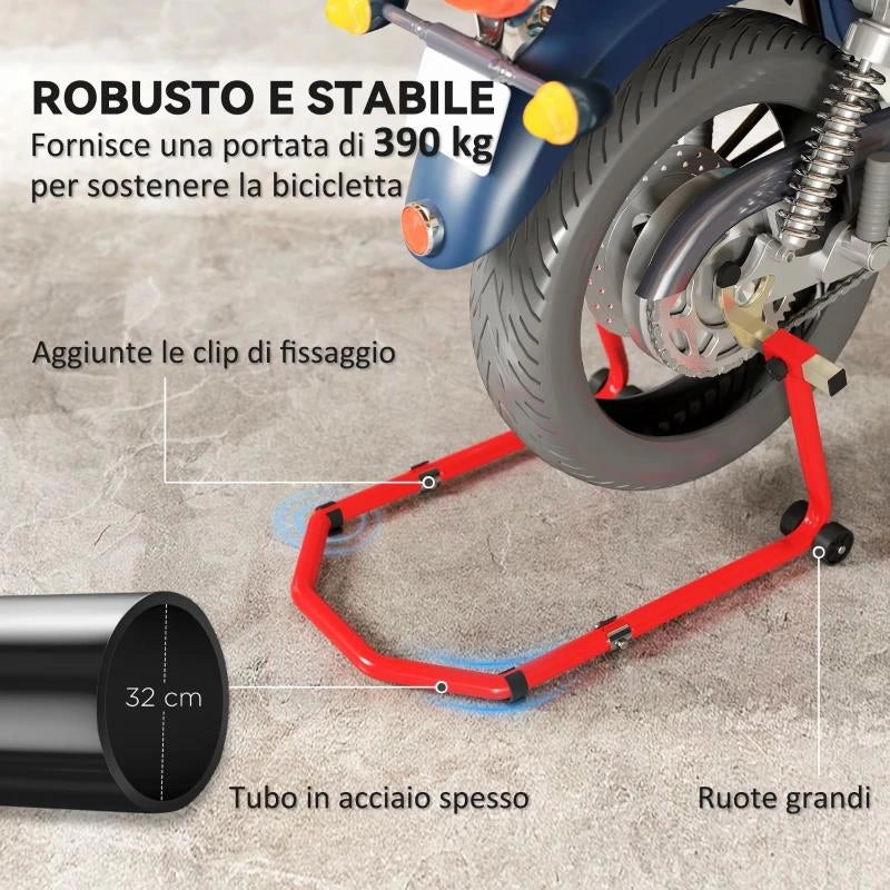 CAVALLETTO MOTO ANTERIORE E POSTERIORE CON CAPACITÓ 390 KG, FORCELLE A U E L, ROTELLE E CUSCINETTI ANTISCIVOLO, ROSSO