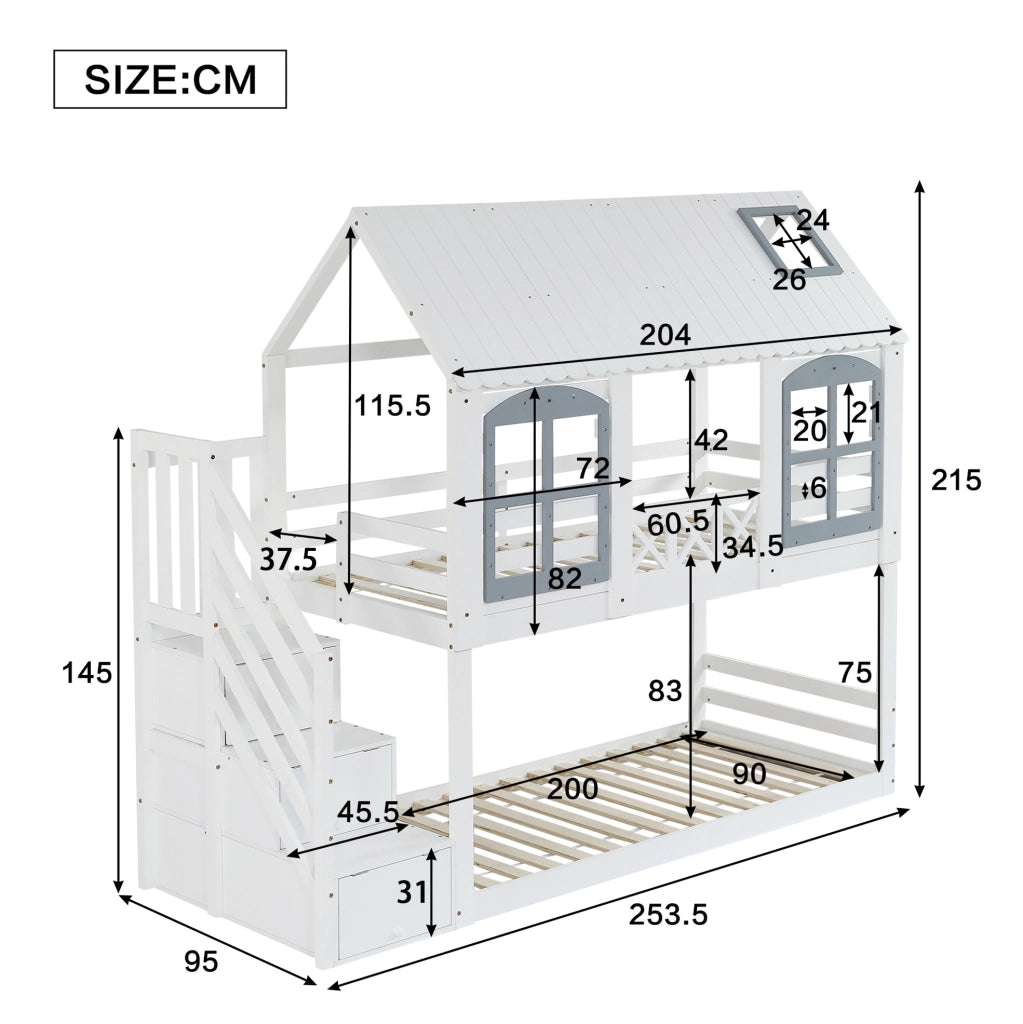 Letto a castello per bambini con scala contenitore 90x200 cm