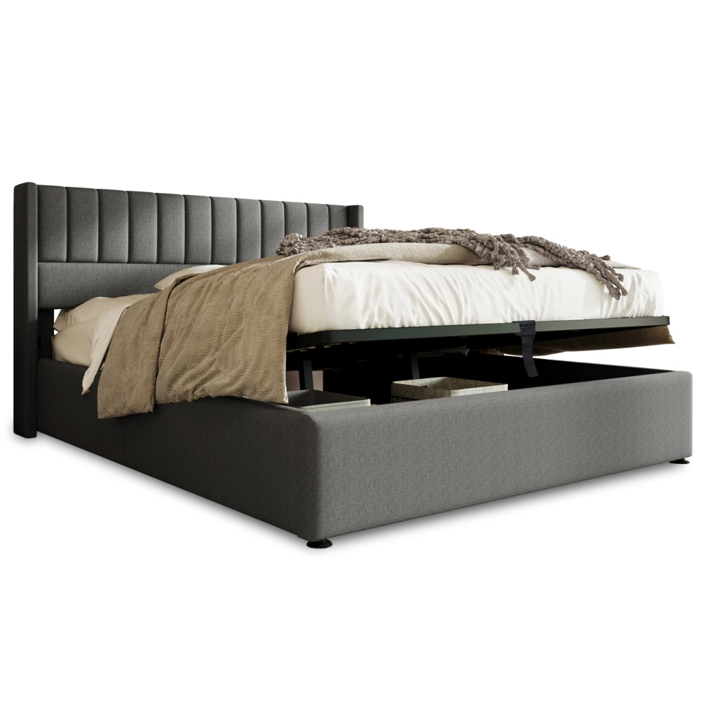 Letto matrimoniale contenitore 180x200 cm imbottito con rete sollevabile in lino grigio