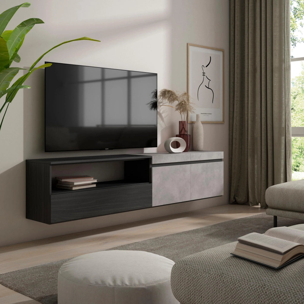 Mobile TV, 200x35x45cm, soggiorno, Per TV fino a 80", da appendere, grigio cemento RF2234