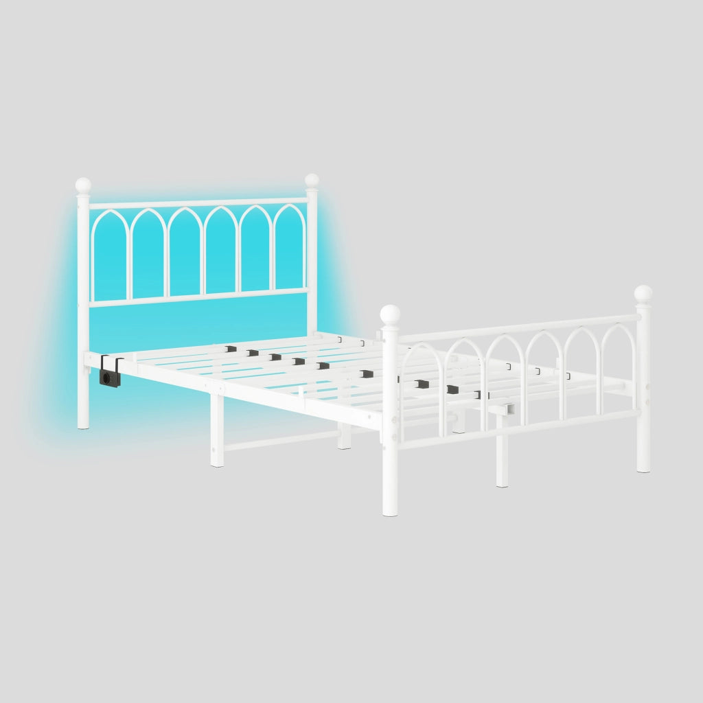 Struttura letto in metallo 120x200 cm con testiera alta, USB, LED e spazio contenitore, bianco