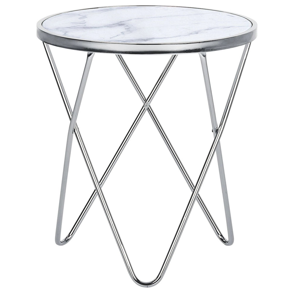 Tavolino Laterale Piano In Vetro Temperato Effetto Marmo Bianco Gambe A Forcella In Metallo Argento Forma Rotonda