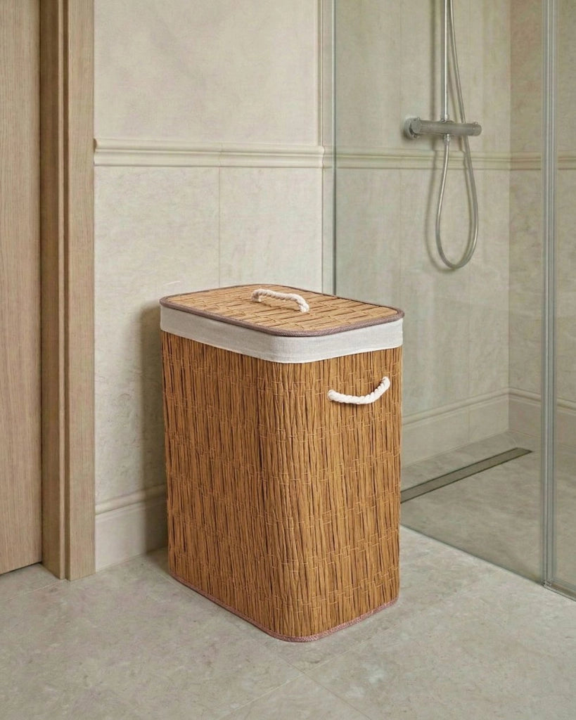 Cesto portabiancheria in tessuto marrone con coperchio e sacchetto interno rimovibile pieghevole per il bagno fatto a mano 72 l