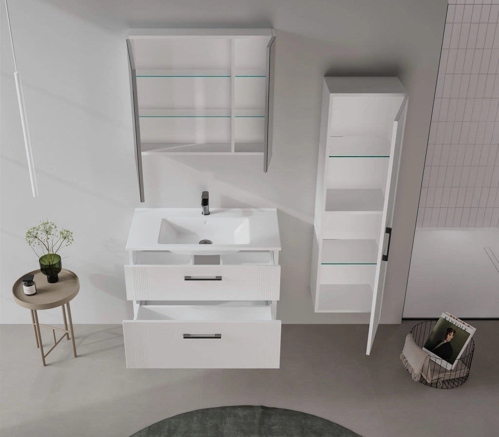 Set mobile lavabo con specchio (2 pezzi) "Bari 85 v2" - 85 x 45 x 55 cm - Bianco opaco