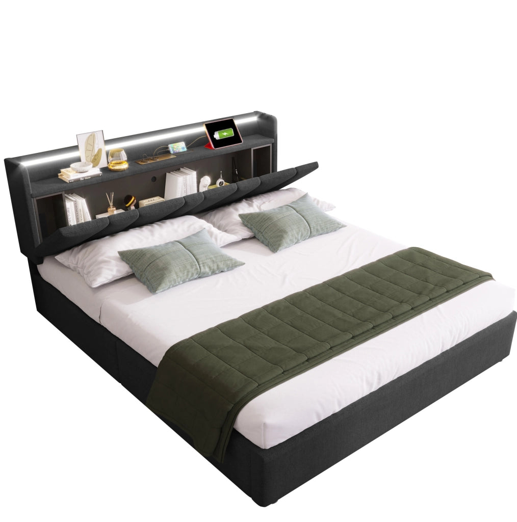 Letto matrimoniale imbottito 140x190 cm grigio in lino con testiera contenitore; prese USB e LED RGBW