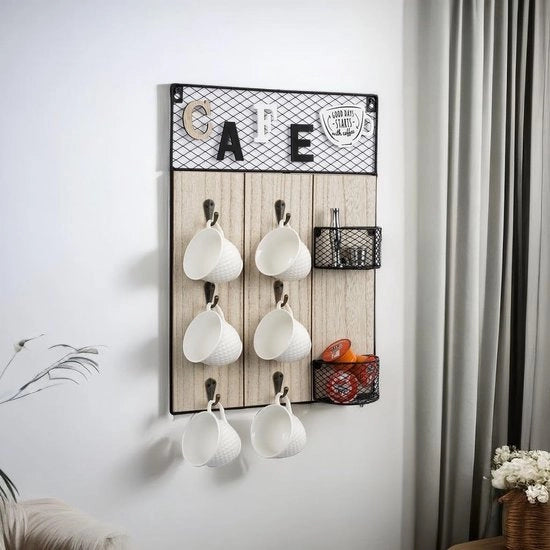 Sostegno per la parete, becheriera, 6 ganci con 2 contenitori per capsule di caffè, supporto per pentole con contenitore, metallo, pannelli per parete, stile rurale, 42 x 30 cm