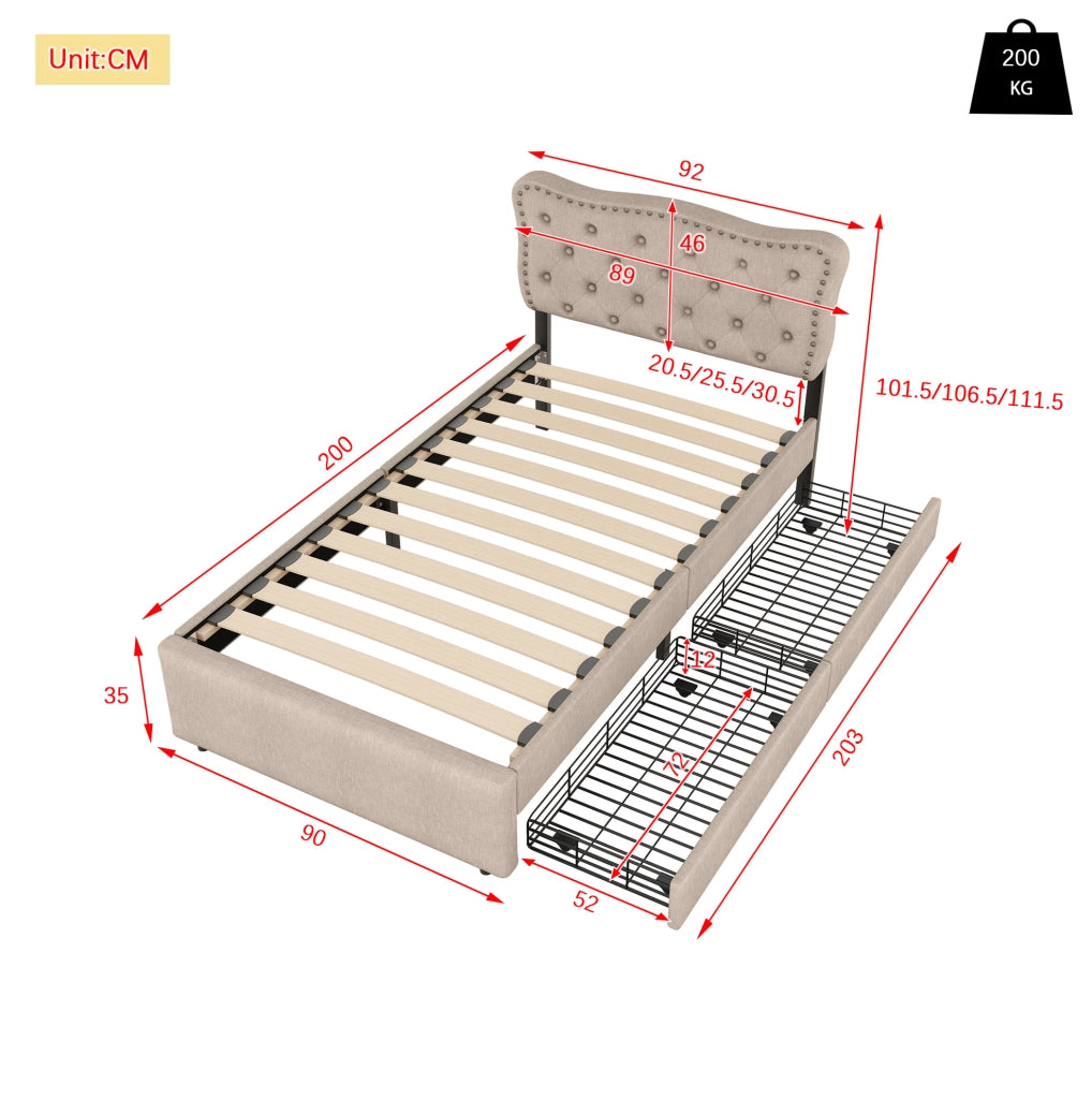 Letto imbottito 90x200 cm; testiera regolabile e 2 cassetti; MDF e lino; beige marrone