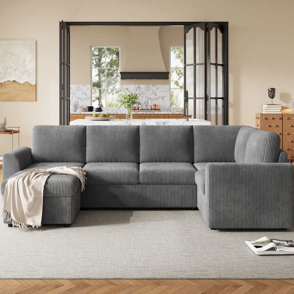 Divano Angolare con Poggiapiedi ¨C Xylo ¨C Velluto a Coste Grigio, 282x153x85 cm