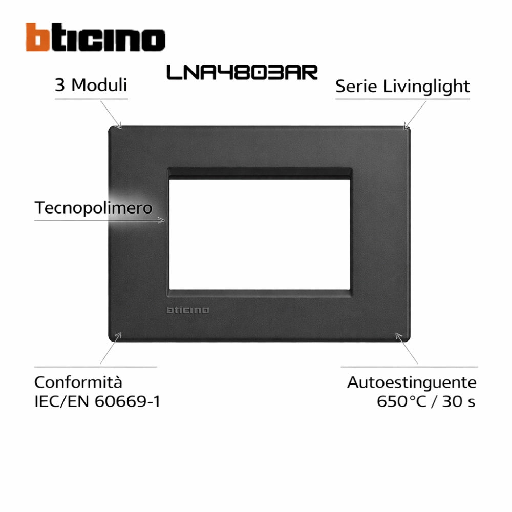 Bticino livinglight placca quadra 3 moduli in tecnopolimero *** colore antracite, numero posti 3 posti, confezione 1