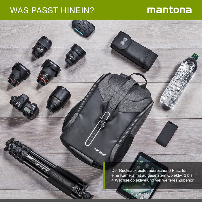 Mantona Tallinn Zaino fotografico per fotocamera SLR DSLR, obiettivi e accessori, con supporto per treppiede e copertura antipioggia, scomparti regolabili