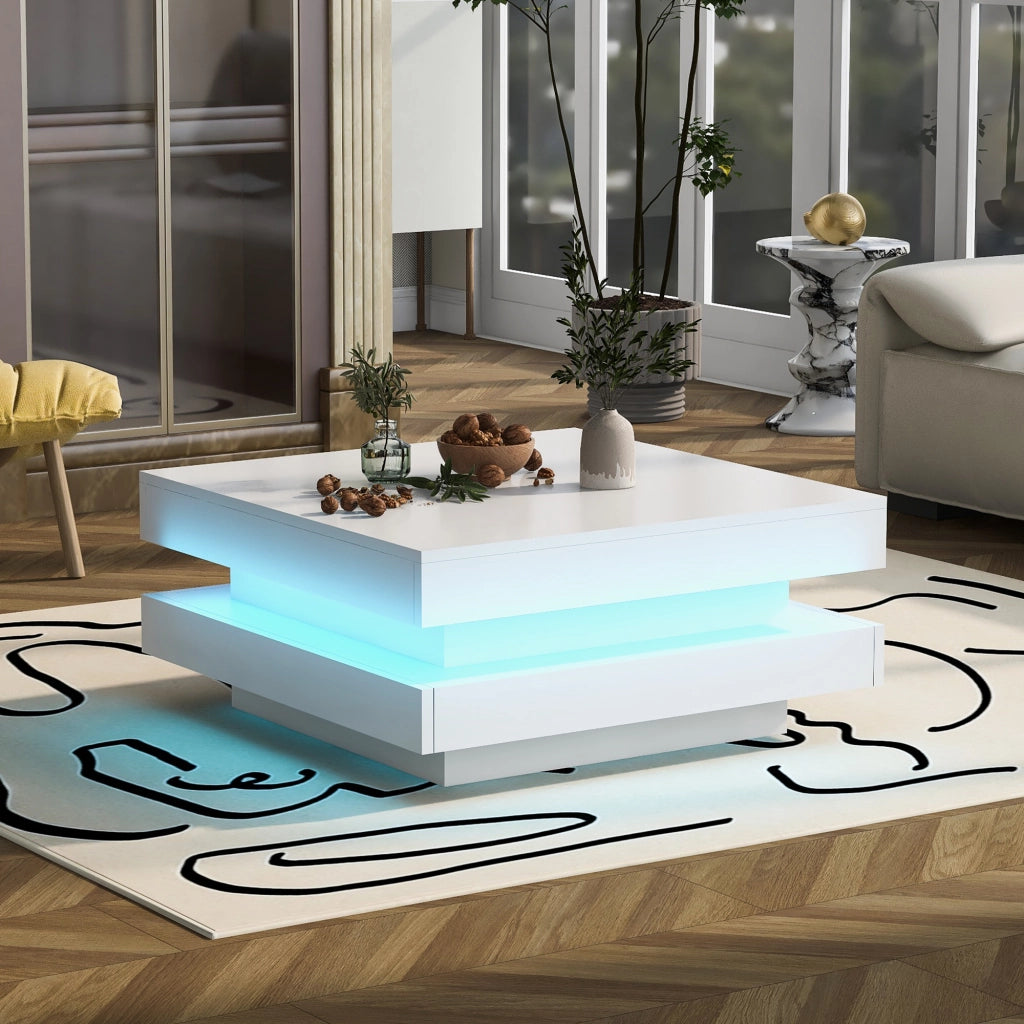 Tavolino basso quadrato lucido con piano girevole a 360° e LED, per soggiorno, bianco, 70 × 70 × 36 cm