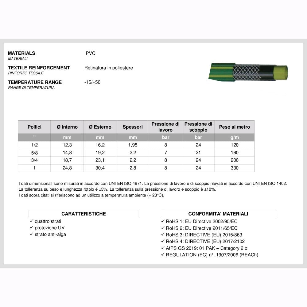 Tubo innaffio per irrigazione 4 strati antialga Verde Flessibile 1/2" da 50 mt