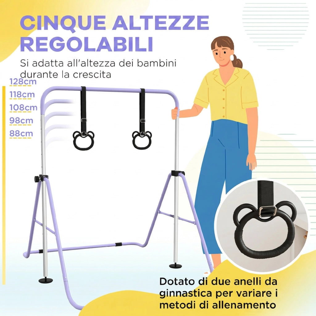 Sbarra Ginnastica Artistica per Bambini 148x105x88-128 cm ad Altezza Regolabile con 2 Anelli in Acciaio Viola