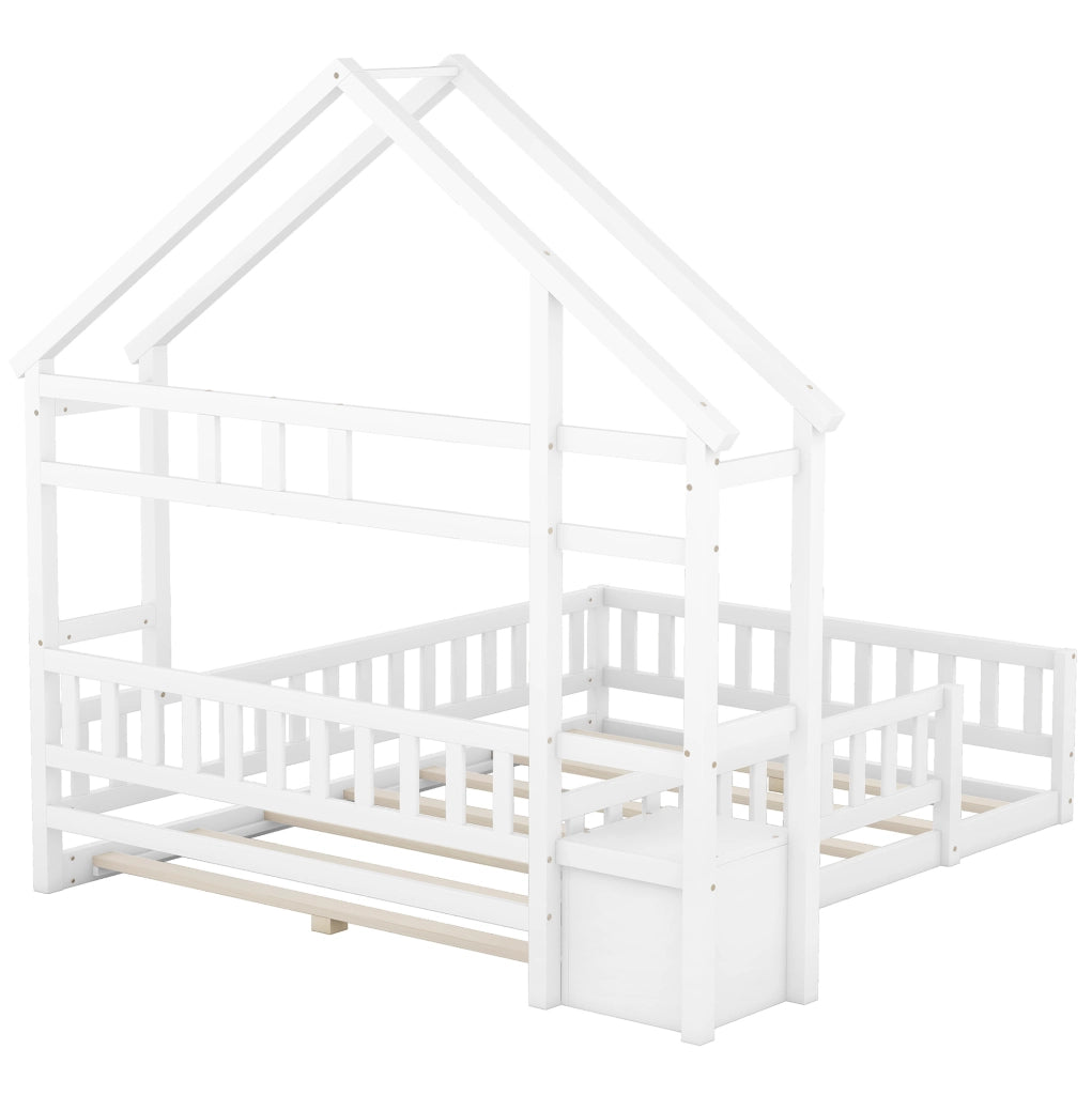 Letto per bambini 140x200 cm a casetta con sponda e comodino; legno di pino e MDF; bianco