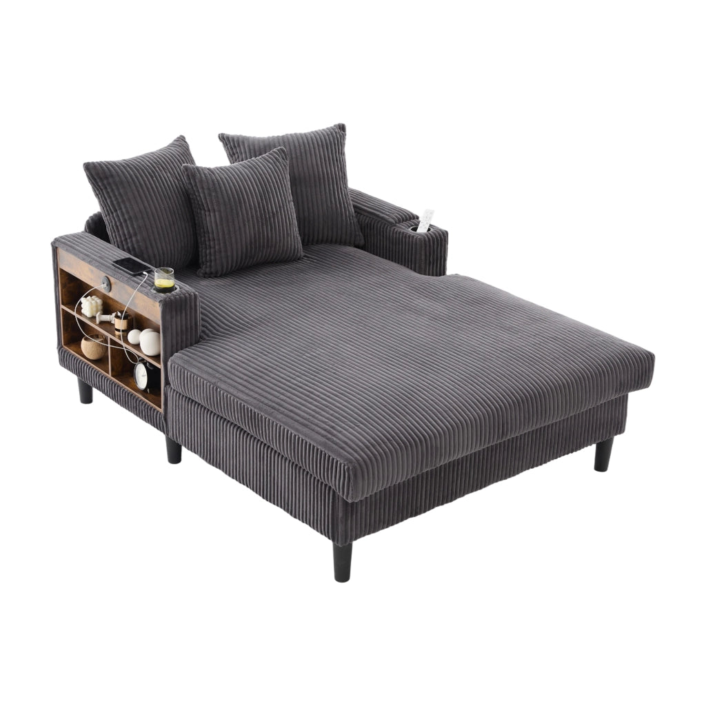 Chaise longue in velluto a coste scuro con porta bevande, LED, USB, contenitore e 3 cuscini
