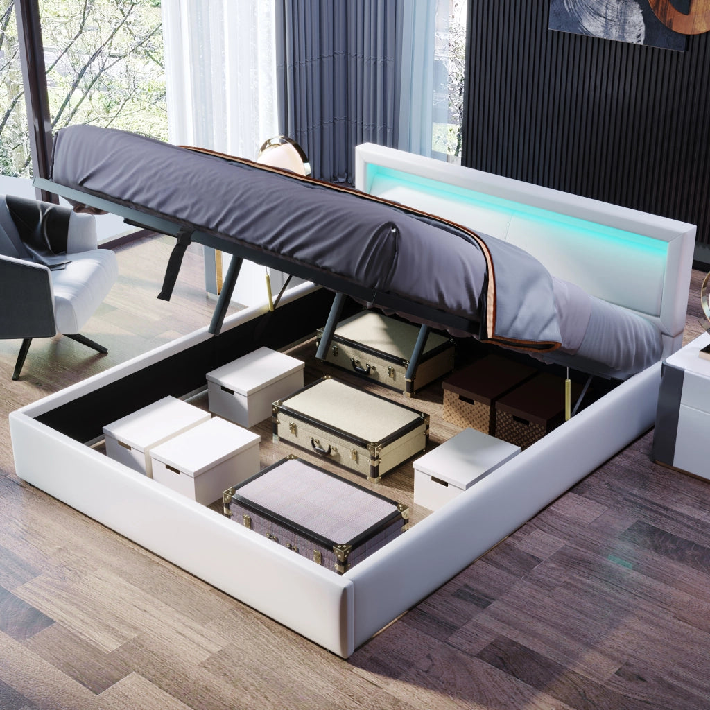 Letto imbottito 140x200 cm con rete a doghe, contenitore e LED, bianco, rivestimento in PU